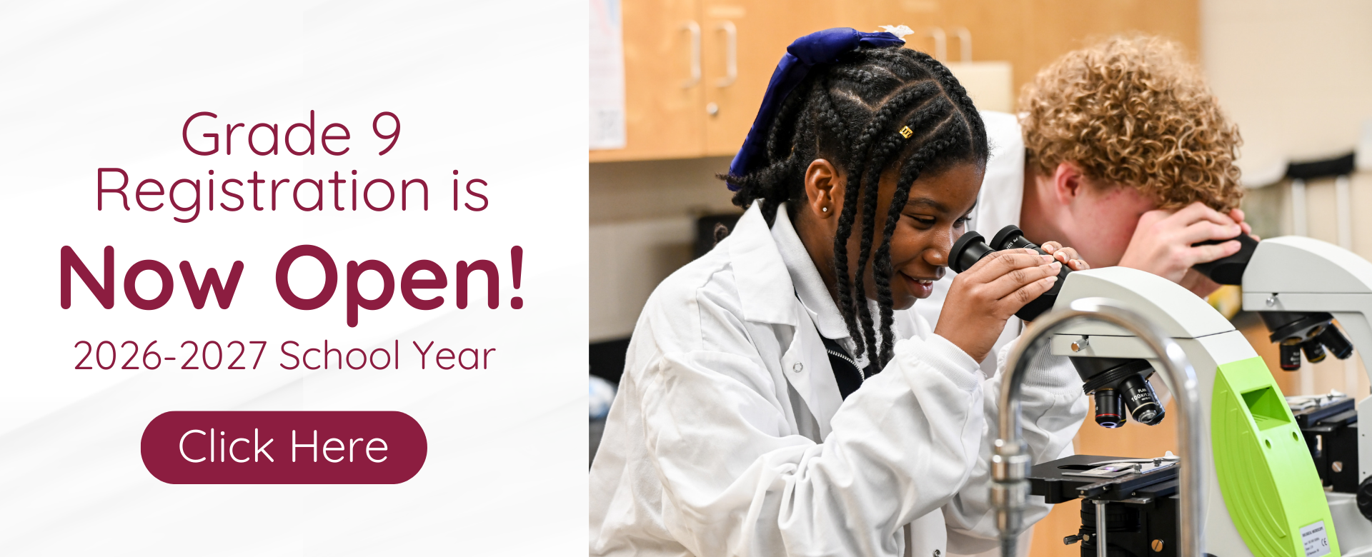 Register for Grade 9 2026-2027 school year banner. Click the image for more information.