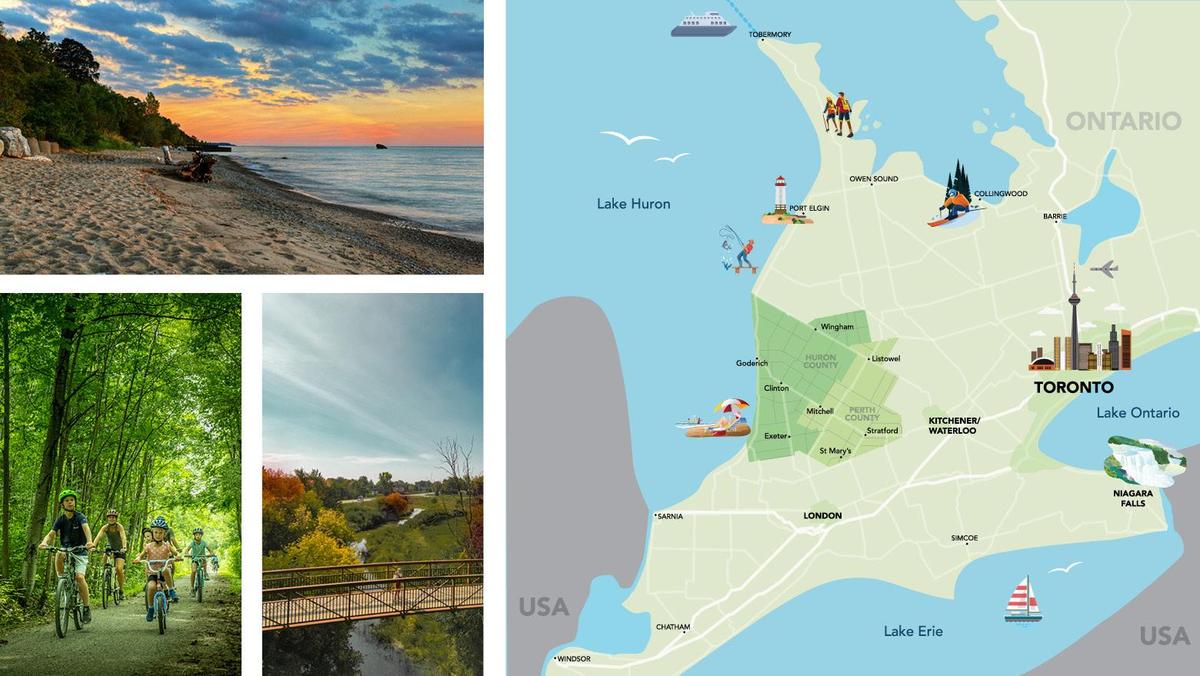 Collage showing Huron Perth area imagery including a Lake Huron beach at sunset, cyclists on a forest trail, a river landscape with a bridge, and an illustrated map highlighting where Huron Perth sits within Ontario.