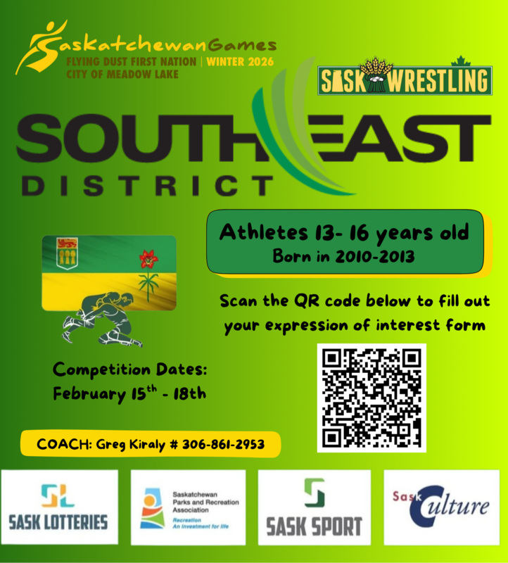 Green background featuring a Canada flad and shadows of two wrestlers. There is a QR code ono lower right. Sponsorship boxes along the bottom.