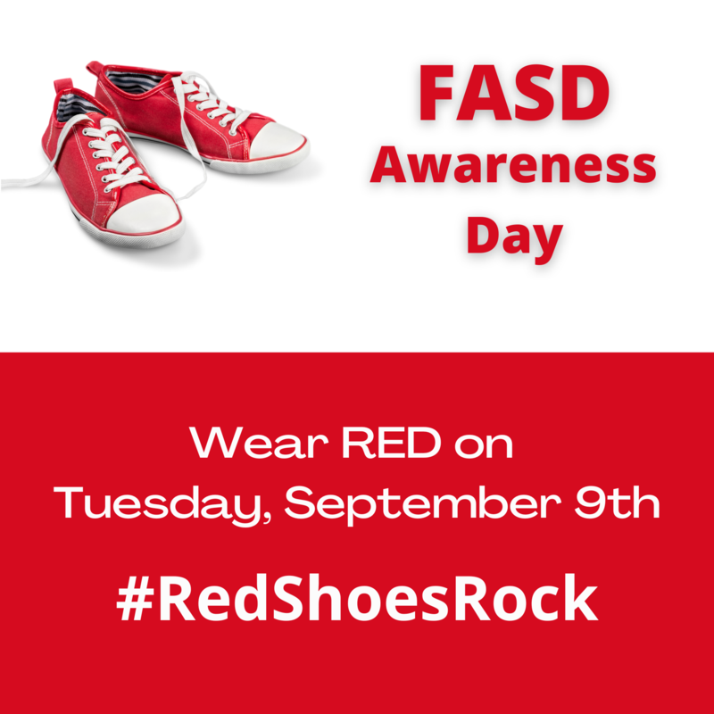 red shoes on a graphic which has text "FASD Awareness Day" and wear Rd on Tues. Sept. 9th