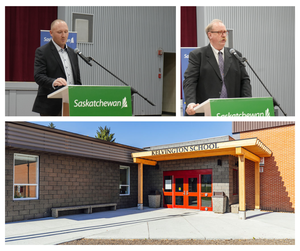 A collage of three photos from the Kelvington School grand reopening. The top-left image shows a man speaking at a podium with a green Saskatchewan sign, standing in front of maroon curtains and grey wall panels. The top-right image shows another man delivering remarks at a similar podium with the Saskatchewan logo. The bottom image shows the exterior entrance of Kelvington School, featuring a brick façade, a timber-framed canopy, and bright red double doors under a sign that reads “Kelvington School.”