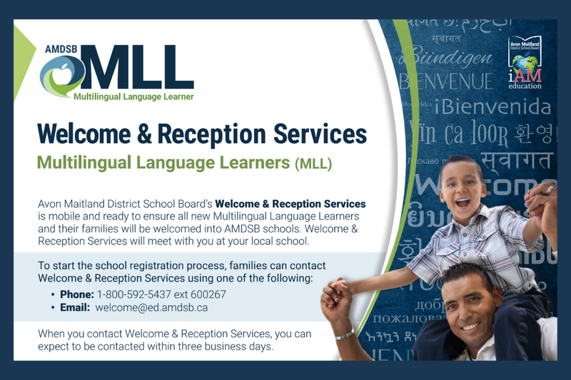 Graphic with AMDSB Multilingual Language Learner and AMDSB logos. Text: Phone: 1-800-592-5437 ext 600267. Email: welcome@ed.amdsb.ca. amdsb.ca/mll. Image of man holding child on his shoulders.
