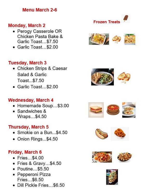 White background with information on the left side. Dates bolded in red. Menu options below each date with price. To the right of each menu item are stock photos of the food.