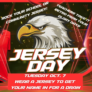 Red and black background with an Eagle logo. Jersey Day Tuesday Oct 7