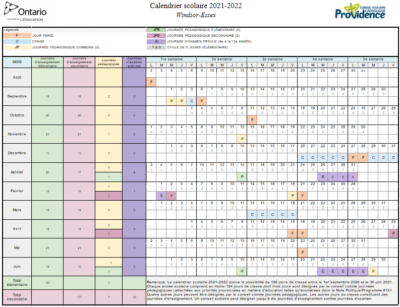 Calendriers Scolaires 2021-2022 – Calendriers Scolaires – Conseil Scolaire Catholique Providence