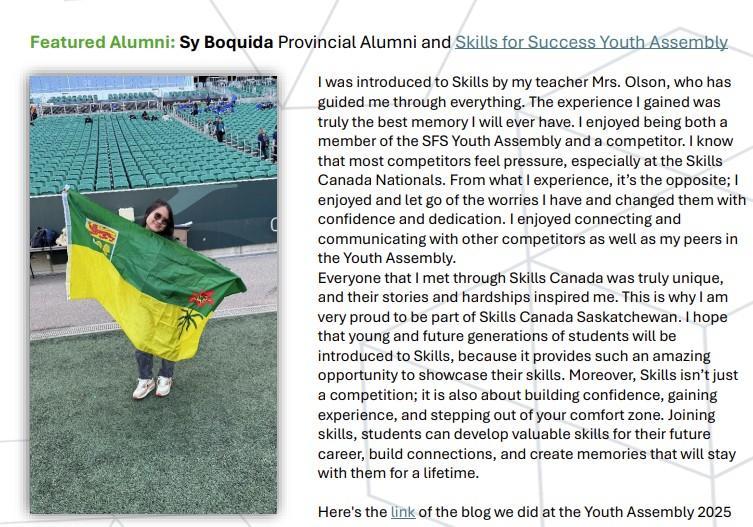 student is holding a Saskatchewan flag in a football stadium. Article is on the right.