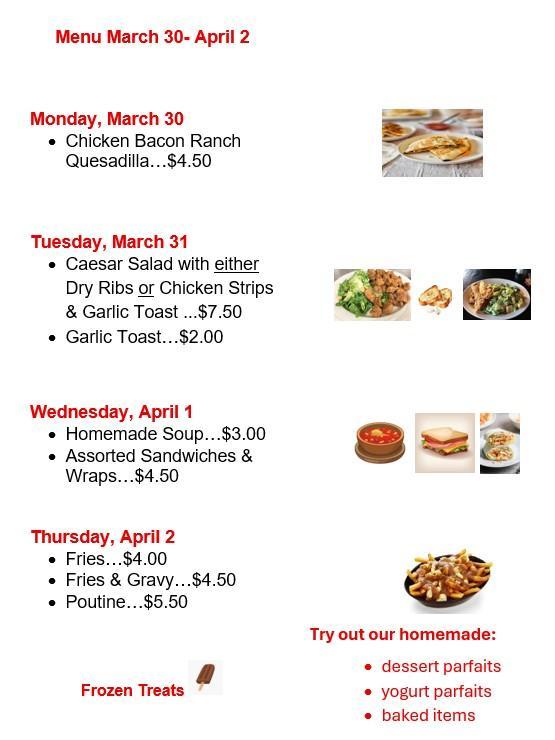 WHite background with dates in red. Dates and menu itesm listed down the left with stock photos of those menu items to the right