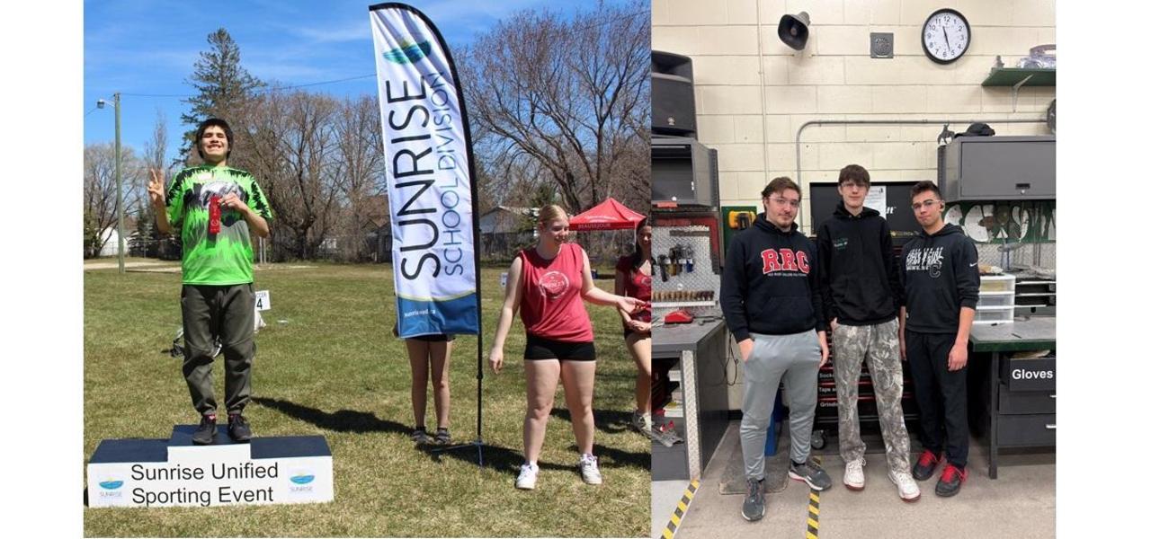 Left picture - Student standing on a podium holding a ribbon.
Right picture - 3 students standing infront of machinery in the construction lab at ESS.