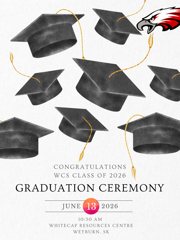 White background with black grad caps thrown in the air. Eagle logo in top right corner. Information listed along the bottom.