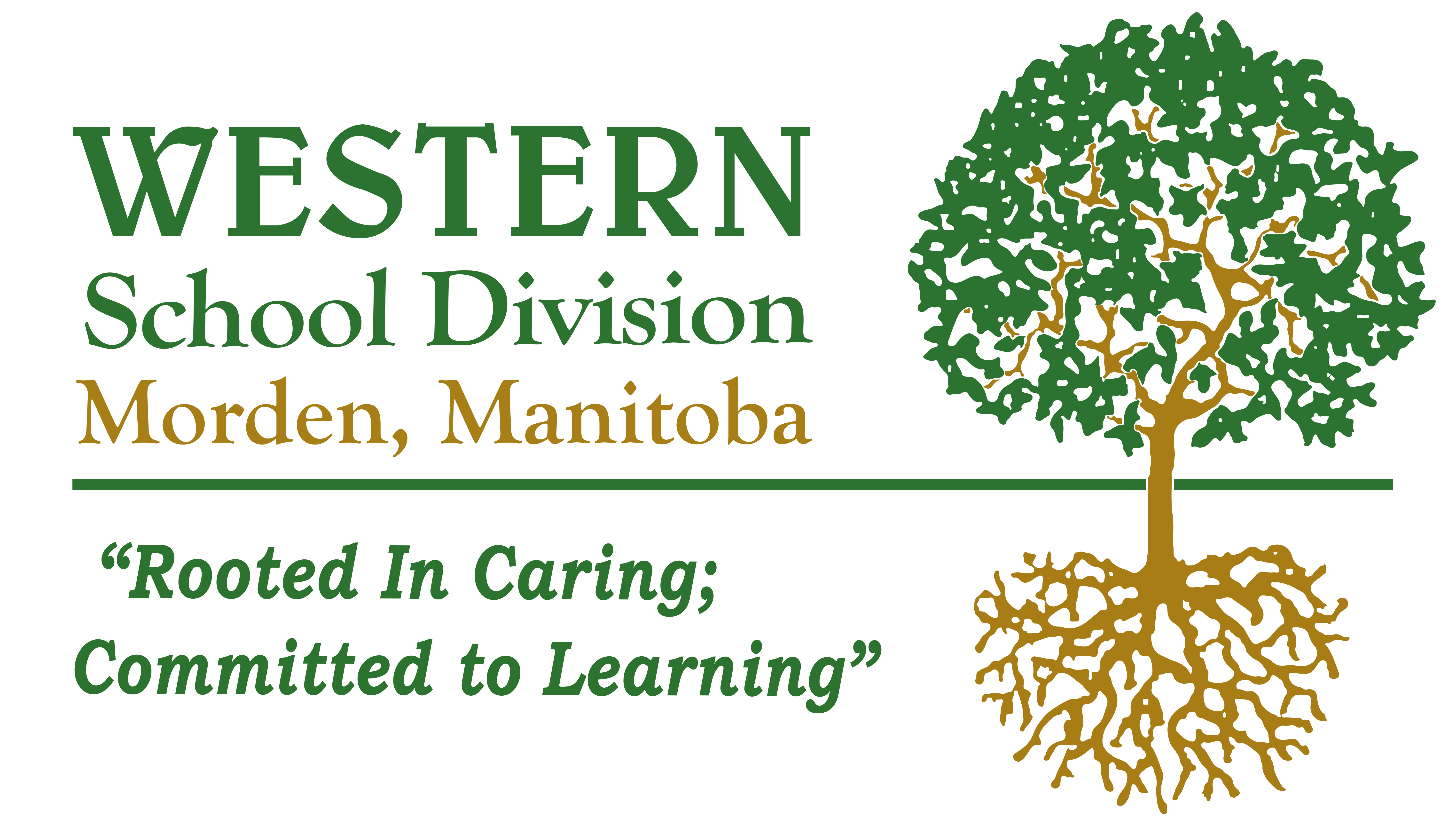 A green tree with brown branches and trunk beside the words Western School Division Rooted in caring, Committed to learning