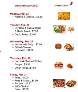 Menu items and prices listed by day on the left side. The right side has stock photos of the food items