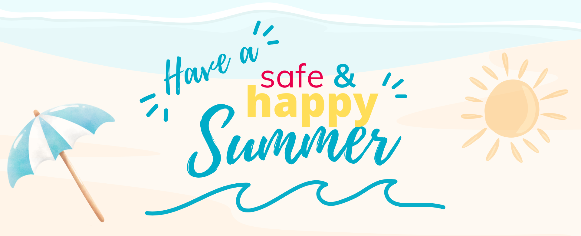 Have a safe and happy summer. Icon of beach shoreline, waves, sun umbrella and sun.