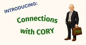 A neutral background with the text 'Introducing Connections with Cory' and a caricature of Cory Popoff: tall bald man with a smile and holding a briefcase