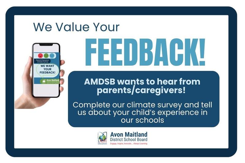 Graphic inviting parents/caregivers to complete AMDSB climate survey about their child’s school experience.