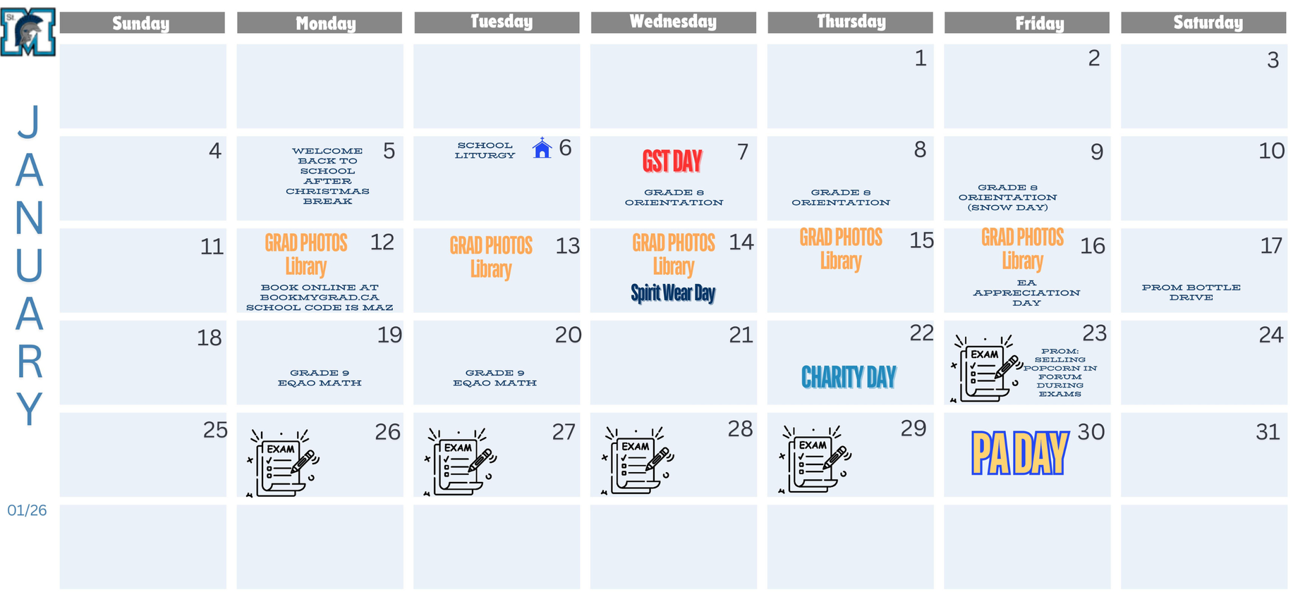 smhs calendar of events for january 2026