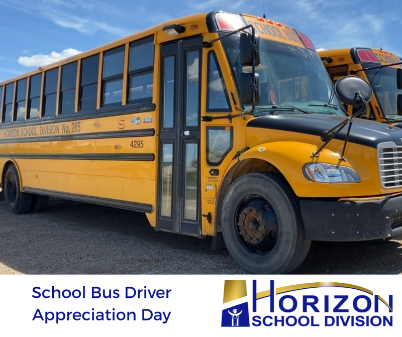 Image of a yellow school bus, the Horizon School Division logo, and the words, 