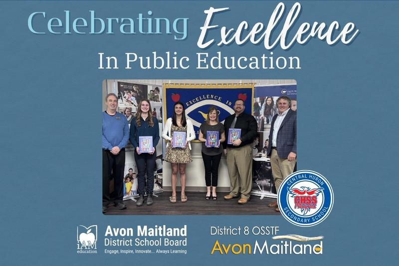 A group of people stand together indoors for a "Celebrating Excellence in Public Education" event, with individuals in the center holding commemorative programs. They are positioned in front of a blue banner that reads "Excellence In". The image is framed by a blue background featuring the logos for the Avon Maitland District School Board, District 8 OSSTF, and the school logo.