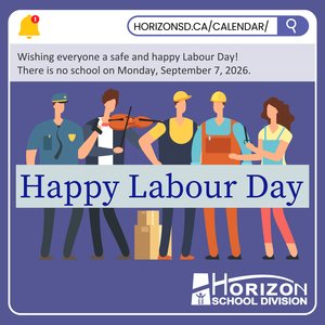 Illustration of workers including a police officer, musician, and construction workers with text wishing a Happy Labour Day and noting no school on Monday, September 7, 2026.
