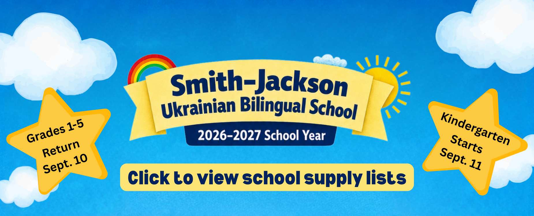 2026-2027 School Year: Grades 1-5 return Sept. 10. Kindergarten starts Sept. 11. Click to view school supply lists.