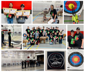 A collage of photos from a school archery tournament showing young archers receiving awards, aiming and shooting at targets, group team photos, and Raymore Archery signage, highlighting participation and community support.