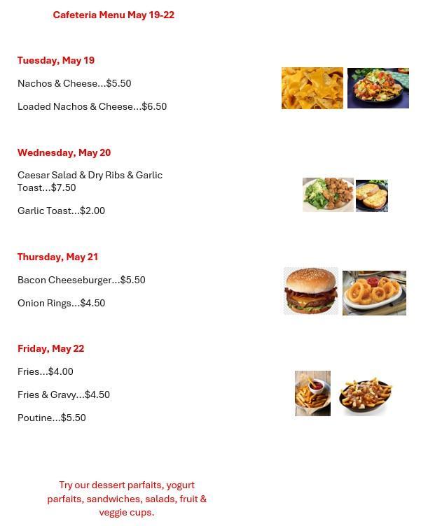 White background with Day, menu items, and prices listed along the left side. To the right are stock photos of the food items.