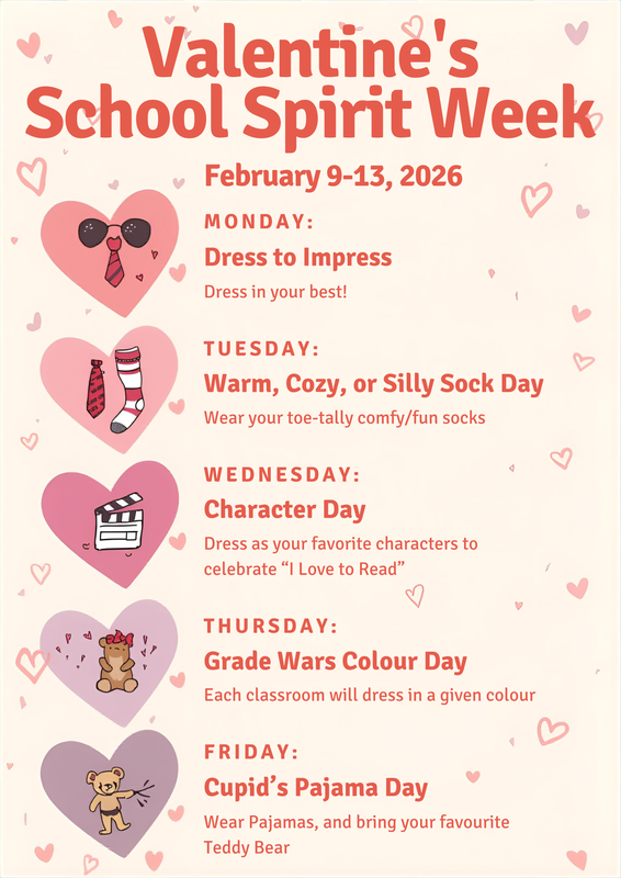 Valentines Day Poster with hearts explaining what to wear each day. Valentine's School Spirit Week M ONDAY : Dress to Impress Dress in your best! TUE SDAY : Warm, Cozy, or Silly Sock Day Wear your toe-tally comfy/fun socks WEDNE SDAY : Character Day Dress as your favorite characters to celebrate “I Love to Read” THURSDAY : Grade Wars Colour Day Each classroom will dress in a given colour Cupid’s Pajama Day Wear Pajamas, and bring your favourite Teddy Bear.