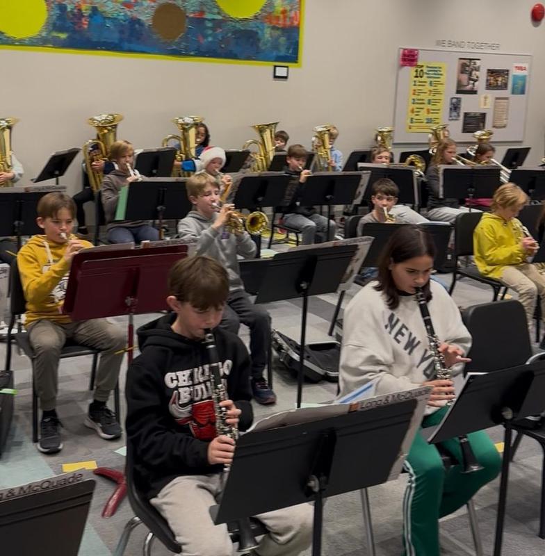 Rows of students sitting playing various music instruments.
