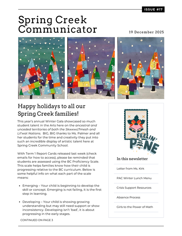 Front page of the Communicator with student tree art and text