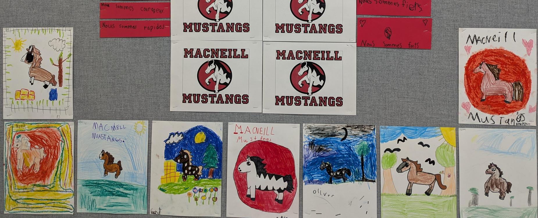 Bulletin board of students drawings of Macneill Mustangs.