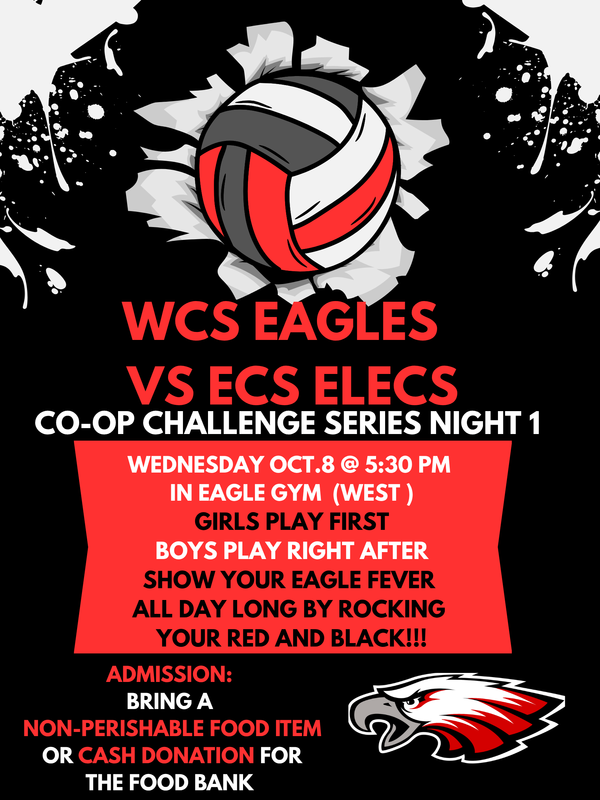 Black background with volleyball and eagle logo. Event details listed.