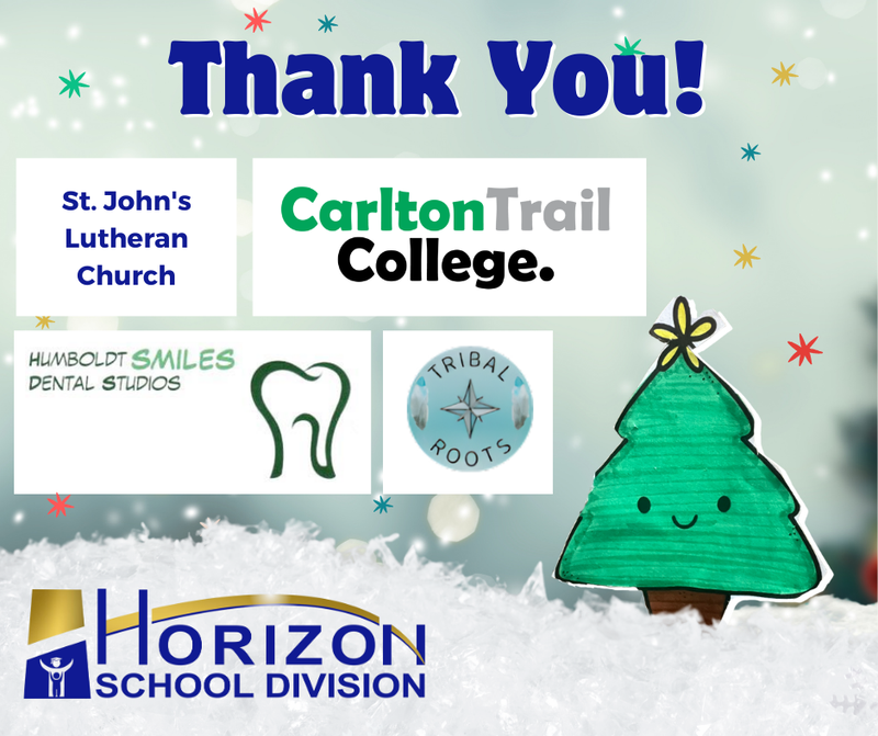 A festive “Thank You!” graphic featuring supporter logos for Horizon School Division’s Christmas Hamper Project. The image includes St. John’s Lutheran Church, Carlton Trail College, Humboldt Smiles Dental Studios, and Tribal Roots. A cute illustrated Christmas tree with a smiling face appears on the right, with snow and colourful stars in the background. The Horizon School Division logo is at the bottom.