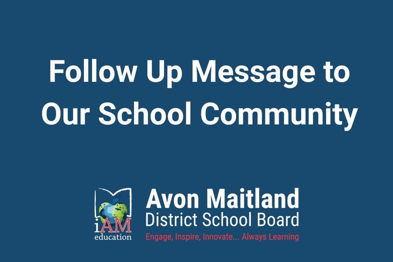 Blue background with centred white text "Follow Up Message to our School Community" and AMDSB logo