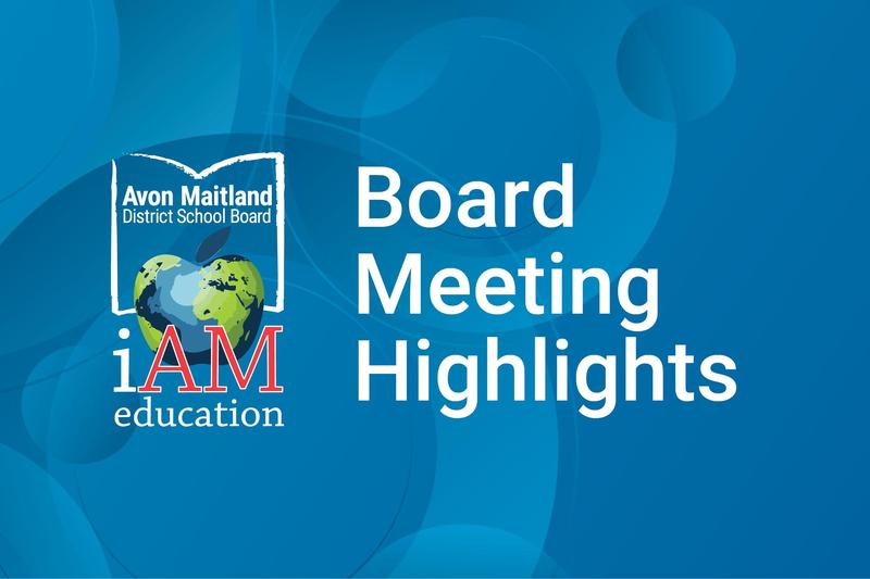 Blue background with white text "Board Meeting Highlights". AMDSB logo on the left.