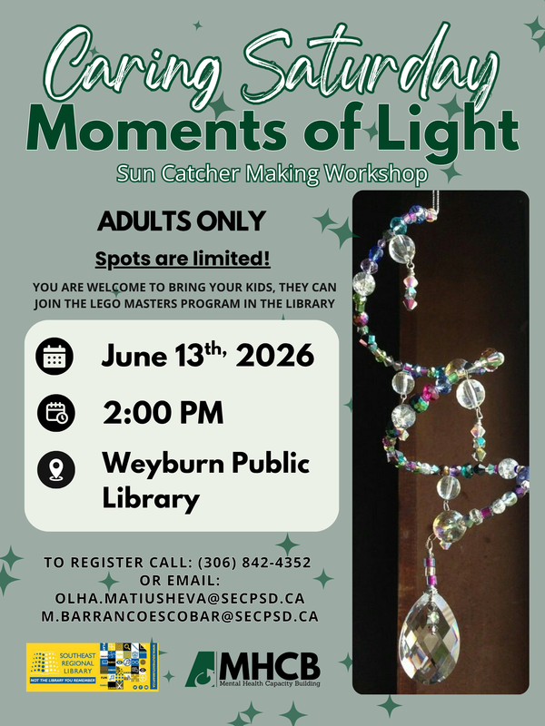 Light green background with title on top in white and green. Along the right is a picture of a spiral sun catcher made of crystals and beads. Along the bottom are the logos for the library and MHCB.