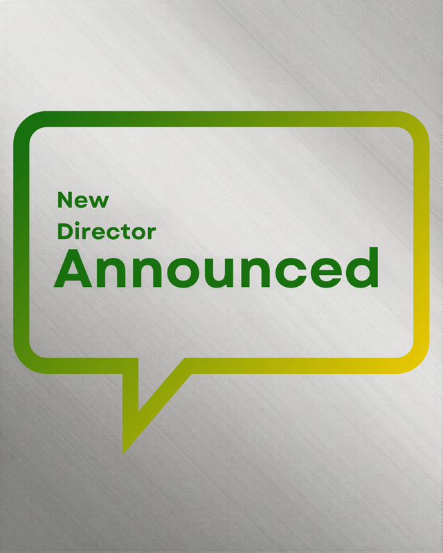 grey background with a 'speech bubble' shape and the words 'New Director Announcement' in green
