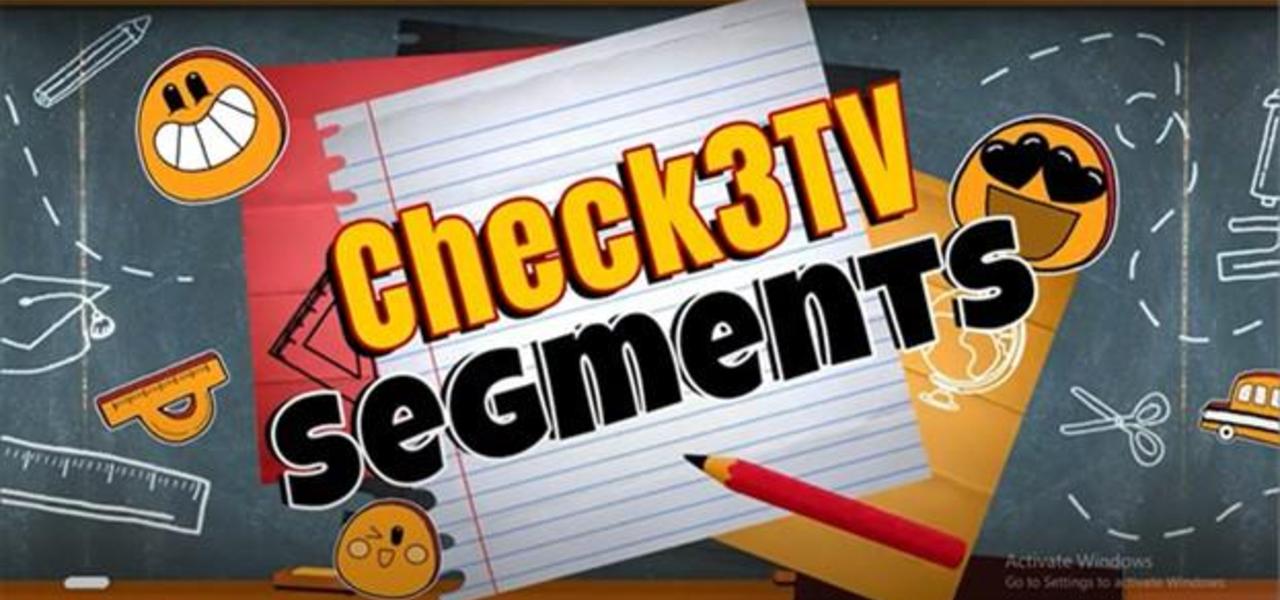 A chalkboard with a statement reading: Check 3 TV Segments. Included on the picture are pictures of rulers, a pencil, scissor and smiley faces.