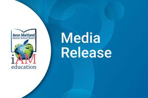 Blue background with white half circle on the left with the AMDSB logo. White text on the right "Media Release"