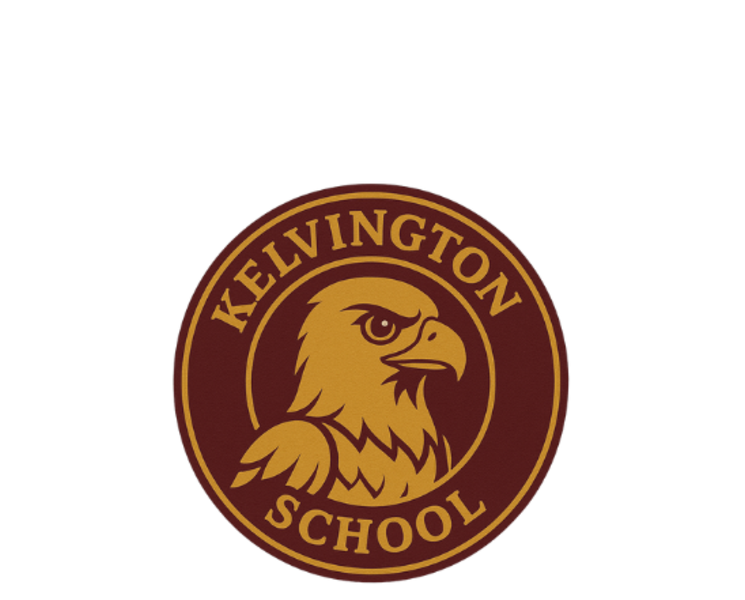 Kelvington School logo featuring a stylized golden eagle on a maroon circular background.