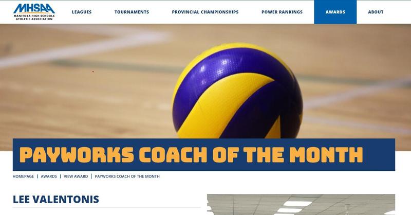 MHSAA site, Payworks coach of the month, Lee Valentonis. Also, a picture of a volleyball that is yellow and blue. A court in the back ground.