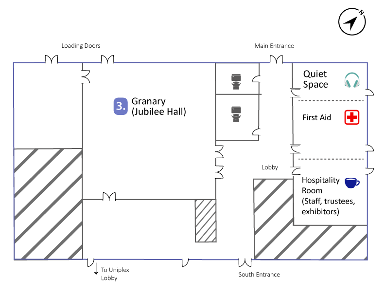 Building floor plan showing the layout of the Granary (Jubilee Hall) and surrounding rooms. It highlights the locations of the Quiet Space (with a headphones icon), First Aid (red cross icon), and Hospitality Room (coffee cup icon). Main and south entrances, loading doors, and lobby areas are also marked.
