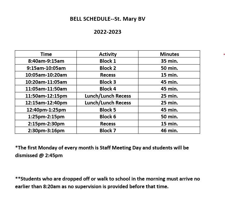 Bell Schedule Parents St Mary Catholic School