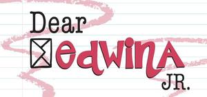 The background is a page of notebook paper with blue horizontal lines and a red vertical line on the left. There is a faded red eraser mark squiggled throughout the page. to the left of Edwina, is a vertical  hand drawn envelope