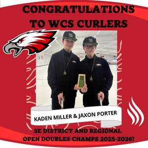 Red background. Black title on top. Light red squiggles form a background square in the middle. On top of that is a picture of two teens in black curling outfits holding curling brooms and a trophy. Below them is a white banner with their names. Top left corner of their picture is an Eagles logo.
