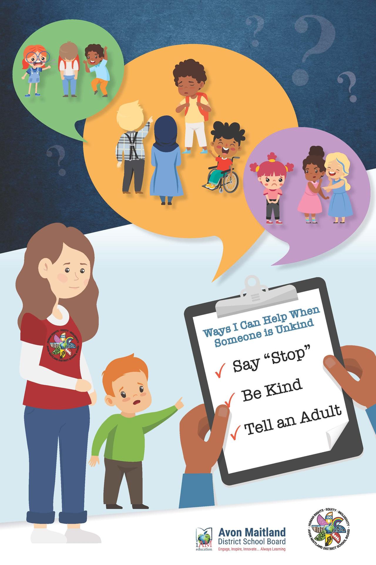 Illustration of a young child pointing and describing situations where other kids are being unkind, including teasing, exclusion, and bullying of a child using a wheelchair. The teacher listens with concern. A clipboard in the foreground reads “Ways I Can Help When Someone is Unkind: Say ‘Stop’, Be Kind, Tell an Adult.” The image emphasizes encouraging children to speak up and seek help when they witness unkind behavior.
