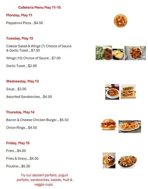White background with title and dates in red bold. On the left side the menu and prices are listed for the week. To the right of each day are stock photos of the menu items listed.