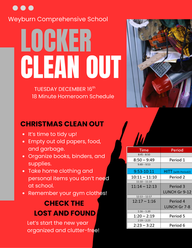 Red and black baground. Picture of a messy locker on the top right. Schedule for that day posted on bottom right.