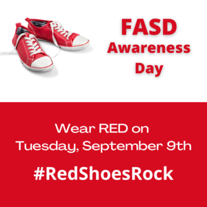 red shoes on a graphic which has text "FASD Awareness Day" and wear Rd on Tues. Sept. 9th