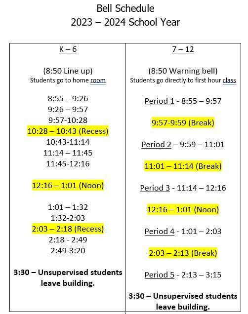 Bell Schedule OPHS Information Oxbow Prairie Horizons