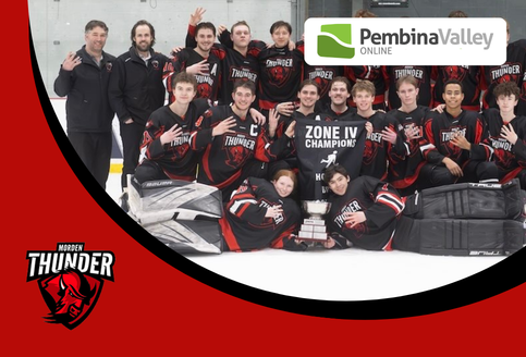 A picture of the MCI Thunder hockey team celebrating the championship.