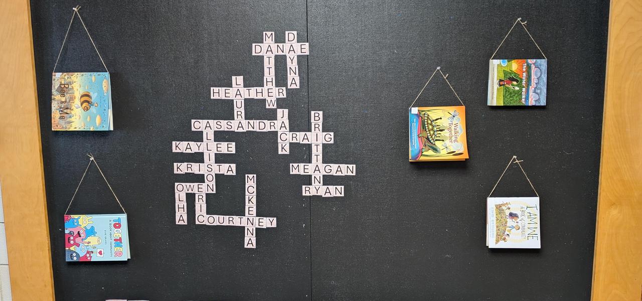 A chalkboard with the names of the new teachers within Sunrise in a crossword format.  Captioning reads:  Welcome to Sunrise. We are connected.
